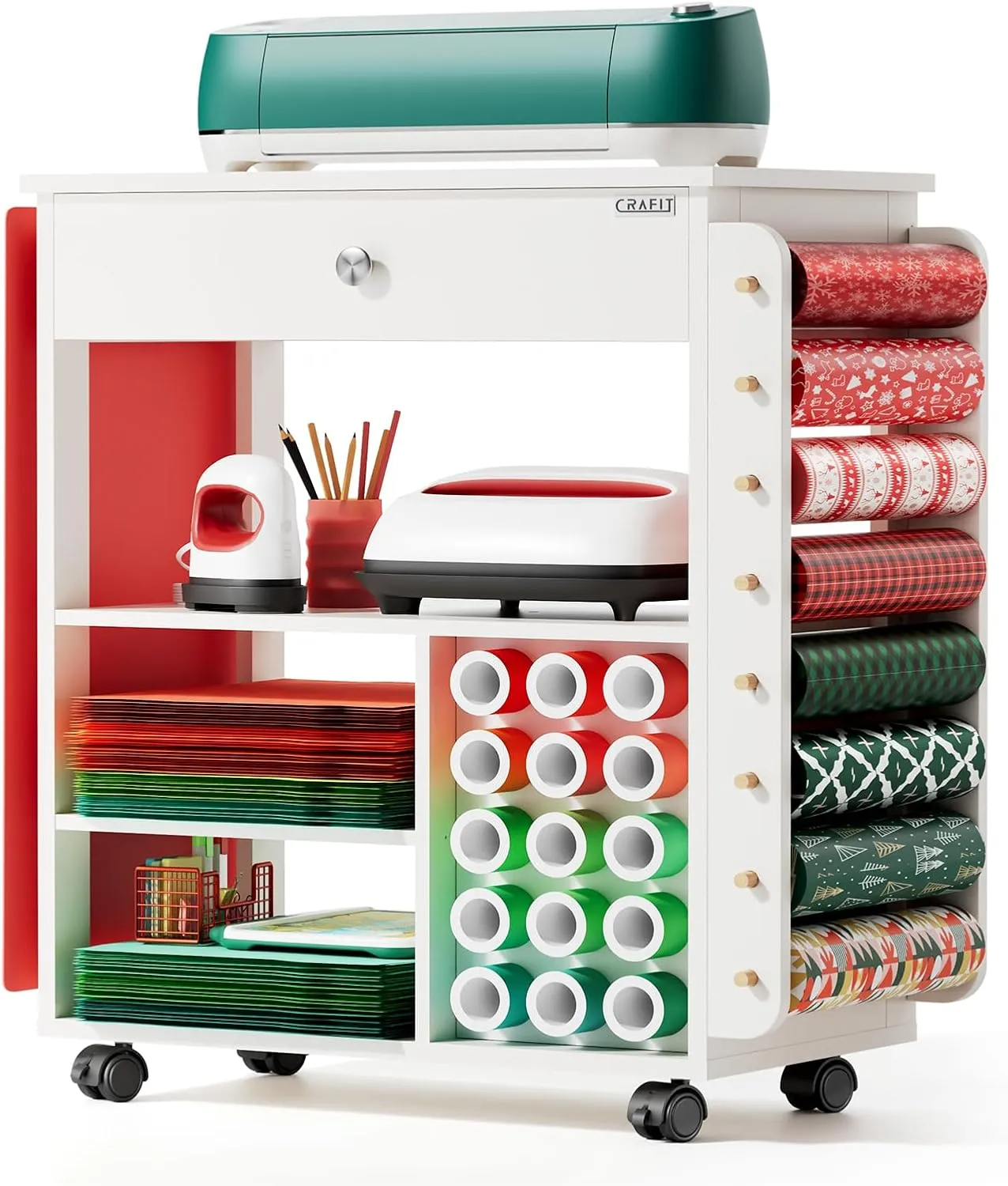 𝐂𝐫𝐚𝐟𝐢𝐭 Craft Cart Organizer Table Compatible with Cricut Rolling Organization and Storage with Vinyl Roll Holder, Crafting Cabinet Workstation Tool Accessories Holder for Craft Room (Patented)