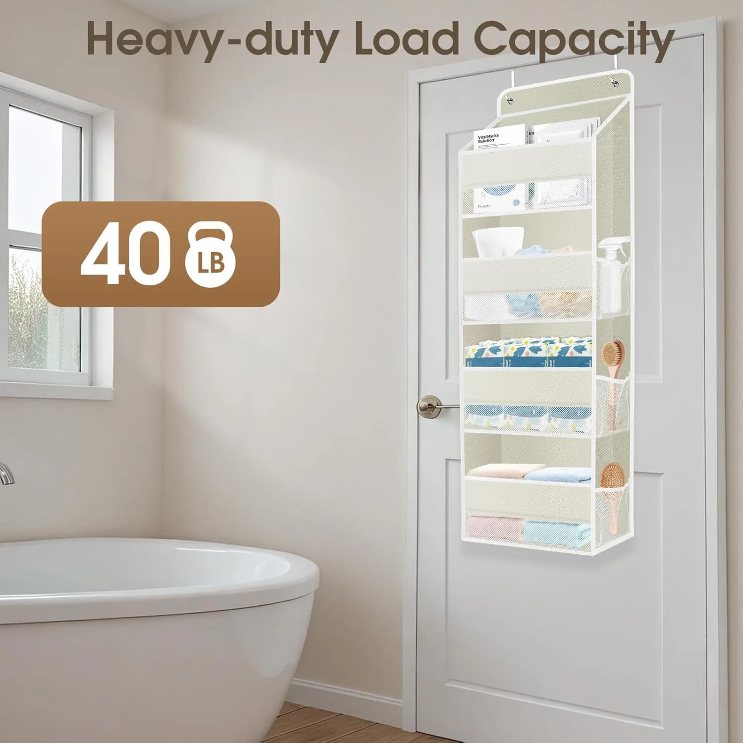 1 Pack Over The Door Organizer, Hanging Storage Organizer with Clear Window, 40lb Ultra Sturdy Large Capacity Room Organizer for Pantry Bathroom Nursery Closet Baby Essential (Beige)