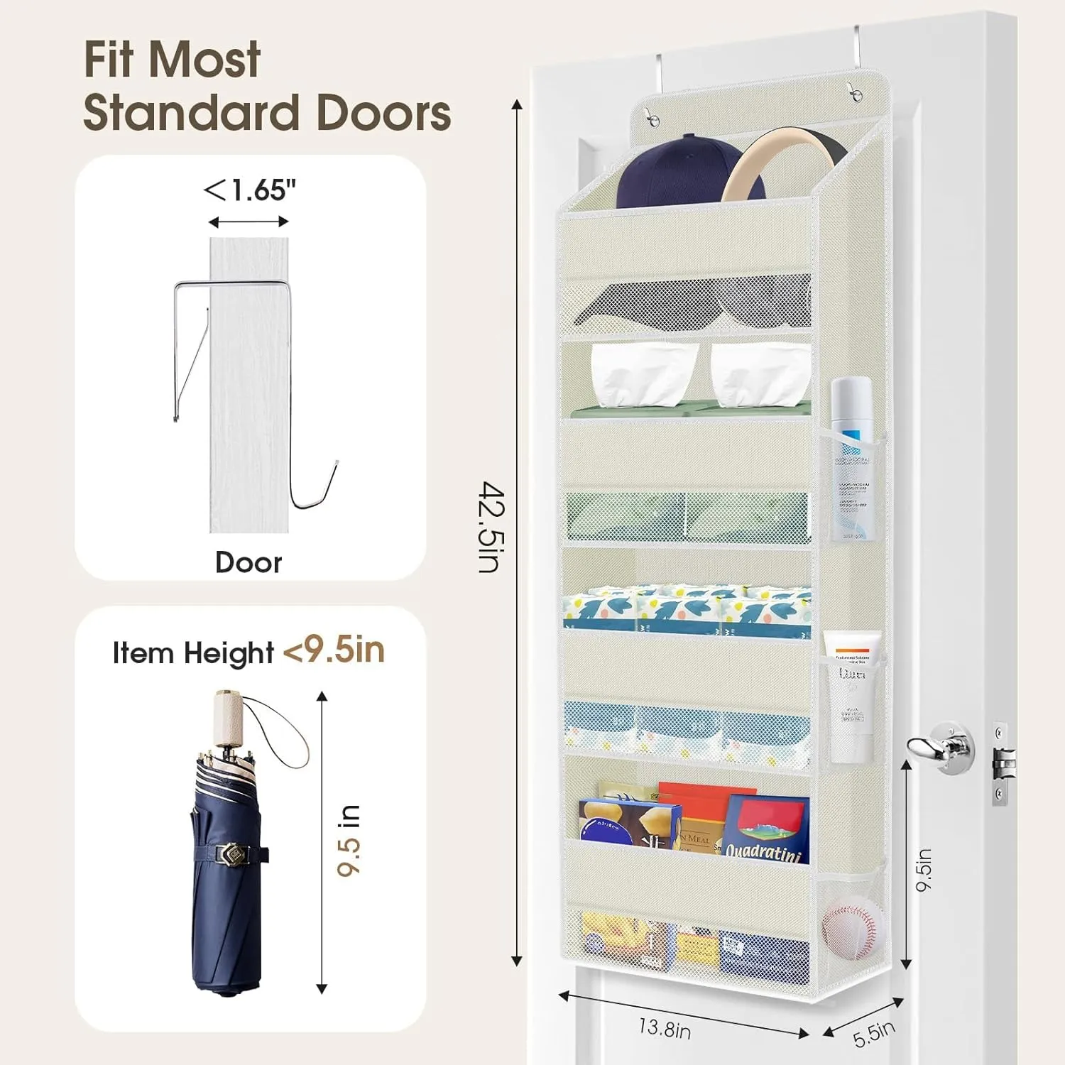 1 Pack Over The Door Organizer, Hanging Storage Organizer with Clear Window, 40lb Ultra Sturdy Large Capacity Room Organizer for Pantry Bathroom Nursery Closet Baby Essential (Beige)
