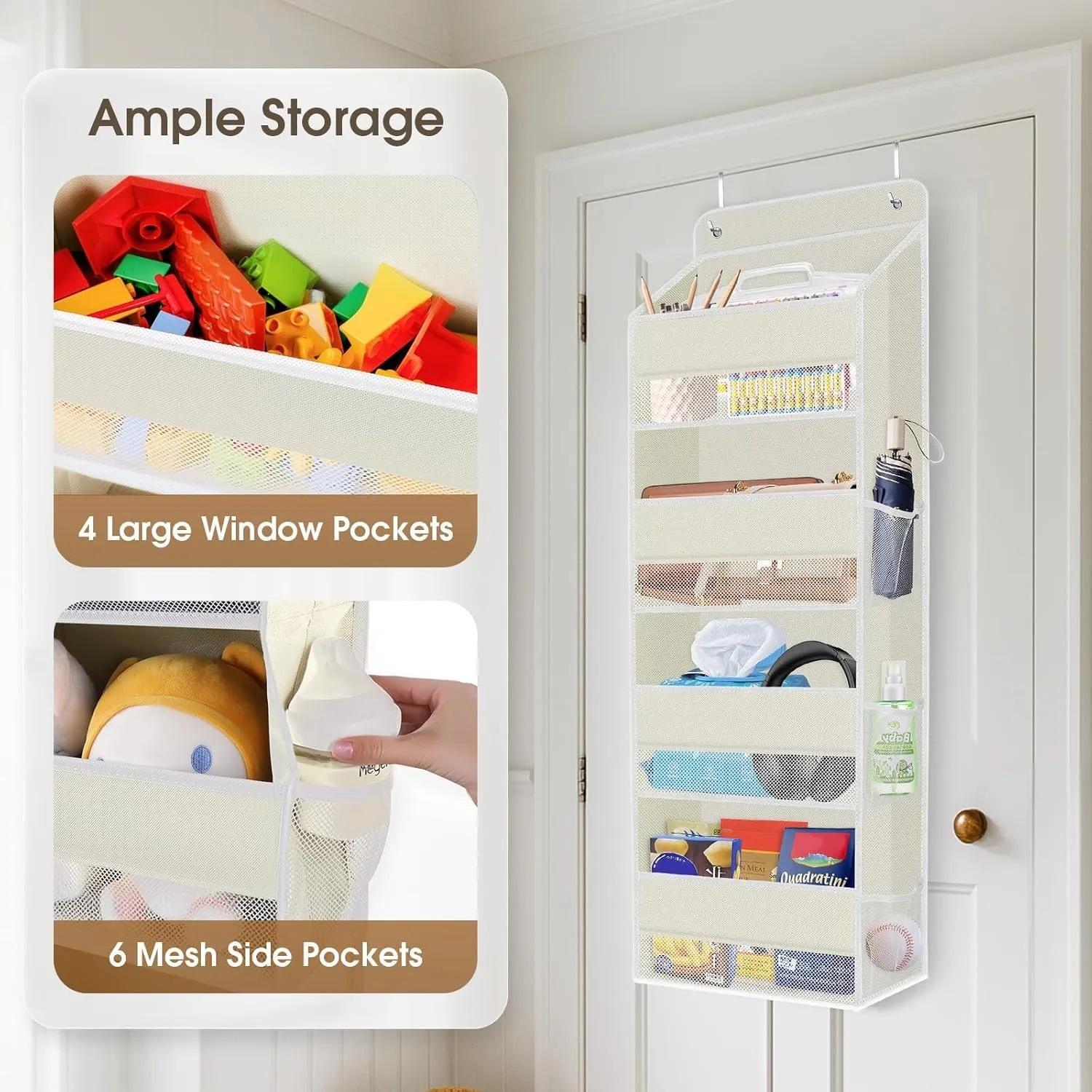 1 Pack Over The Door Organizer, Hanging Storage Organizer with Clear Window, 40lb Ultra Sturdy Large Capacity Room Organizer for Pantry Bathroom Nursery Closet Baby Essential (Beige)