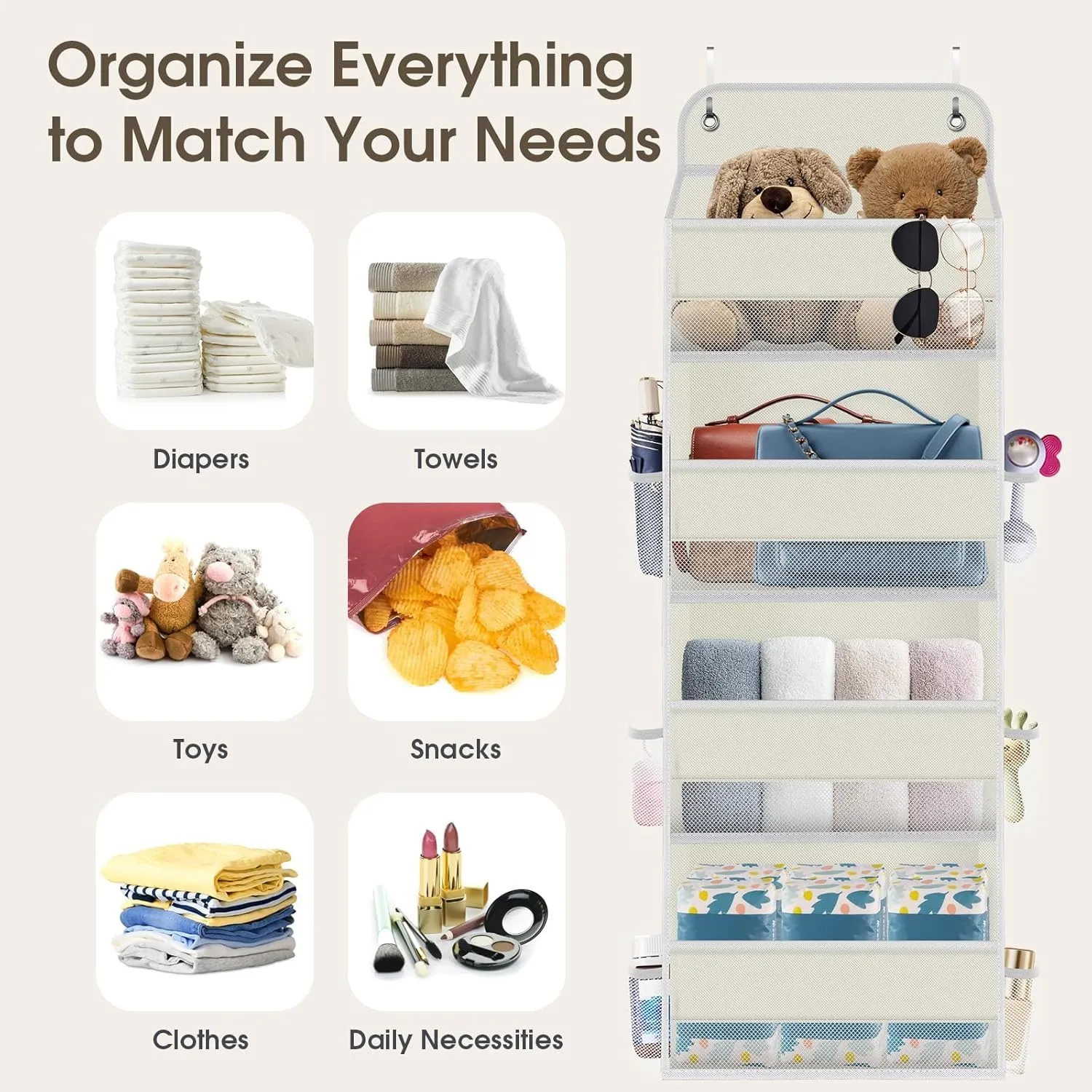 1 Pack Over The Door Organizer, Hanging Storage Organizer with Clear Window, 40lb Ultra Sturdy Large Capacity Room Organizer for Pantry Bathroom Nursery Closet Baby Essential (Beige)