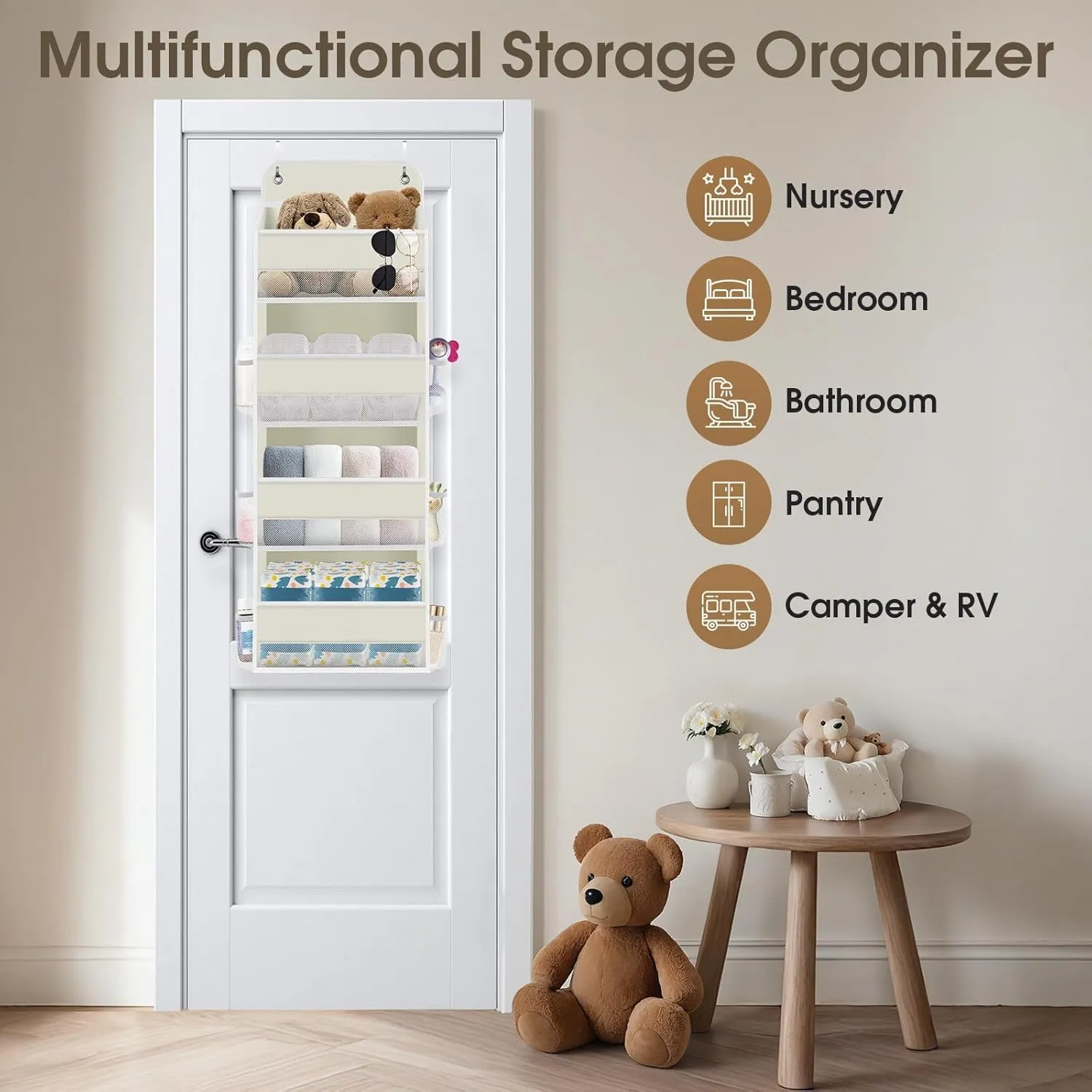 1 Pack Over The Door Organizer, Hanging Storage Organizer with Clear Window, 40lb Ultra Sturdy Large Capacity Room Organizer for Pantry Bathroom Nursery Closet Baby Essential (Beige)