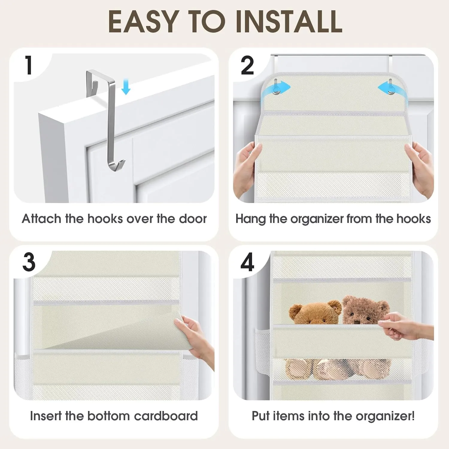 1 Pack Over The Door Organizer, Hanging Storage Organizer with Clear Window, 40lb Ultra Sturdy Large Capacity Room Organizer for Pantry Bathroom Nursery Closet Baby Essential (Beige)