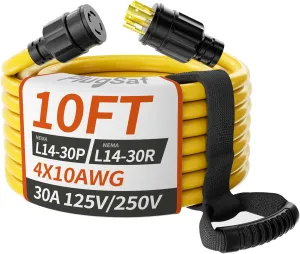 10FT 30 Amp Generator Extension Cord 4 Prong, NEMA L14-30P/L14-30R 10 Gauge STW 125/250V Twist Lock Generator Cord Heavy Duty, Yellow ETL Listed