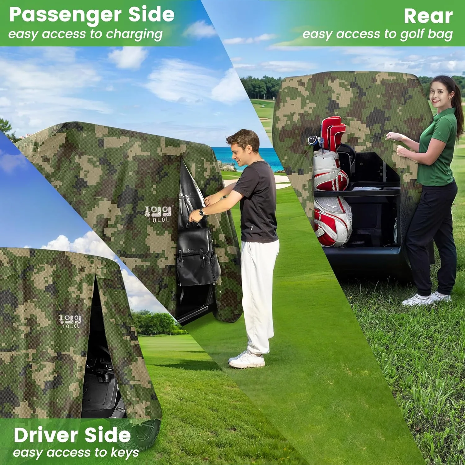 10L0L 2/4/4 2 Passenger Golf Cart Cover Fits for Yamaha EZGO Club Car, 420D Waterproof Durable Polyester Golf Cart Cover with Three Zipper Doors Windproof Sunproof - Black/Army Green/Sliver