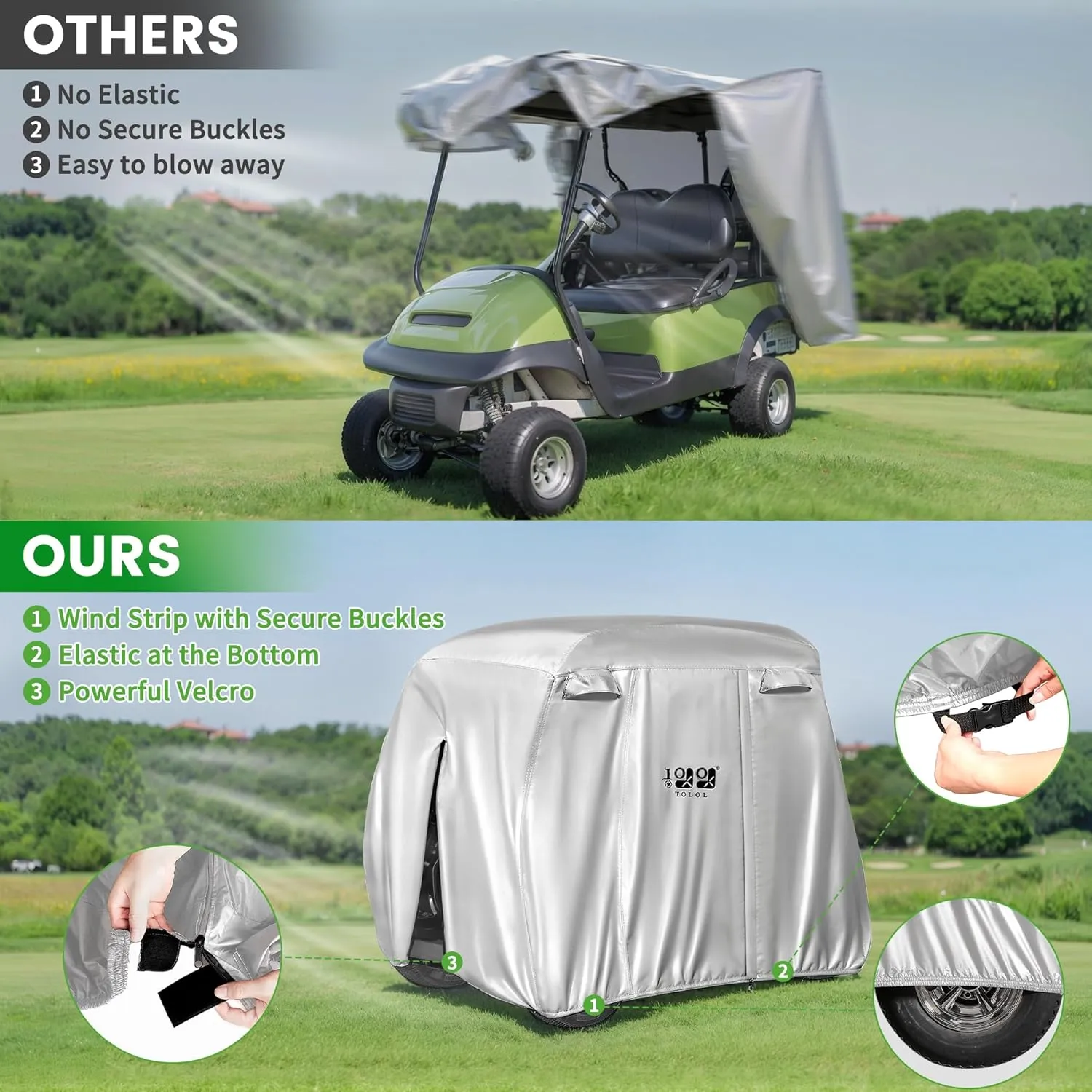 10L0L 2/4/4 2 Passenger Golf Cart Cover Fits for Yamaha EZGO Club Car, 420D Waterproof Durable Polyester Golf Cart Cover with Three Zipper Doors Windproof Sunproof - Black/Army Green/Sliver