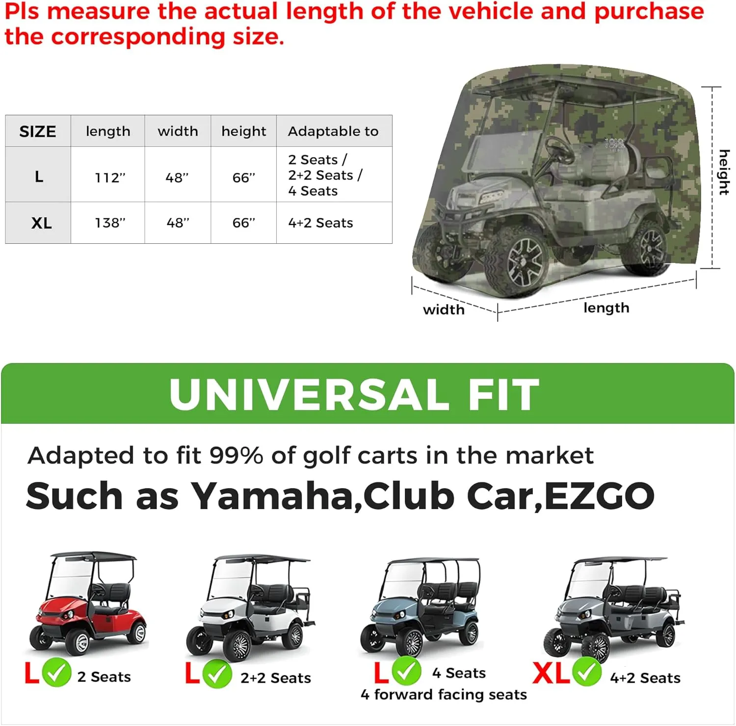10L0L 2/4/4 2 Passenger Golf Cart Cover Fits for Yamaha EZGO Club Car, 420D Waterproof Durable Polyester Golf Cart Cover with Three Zipper Doors Windproof Sunproof - Black/Army Green/Sliver
