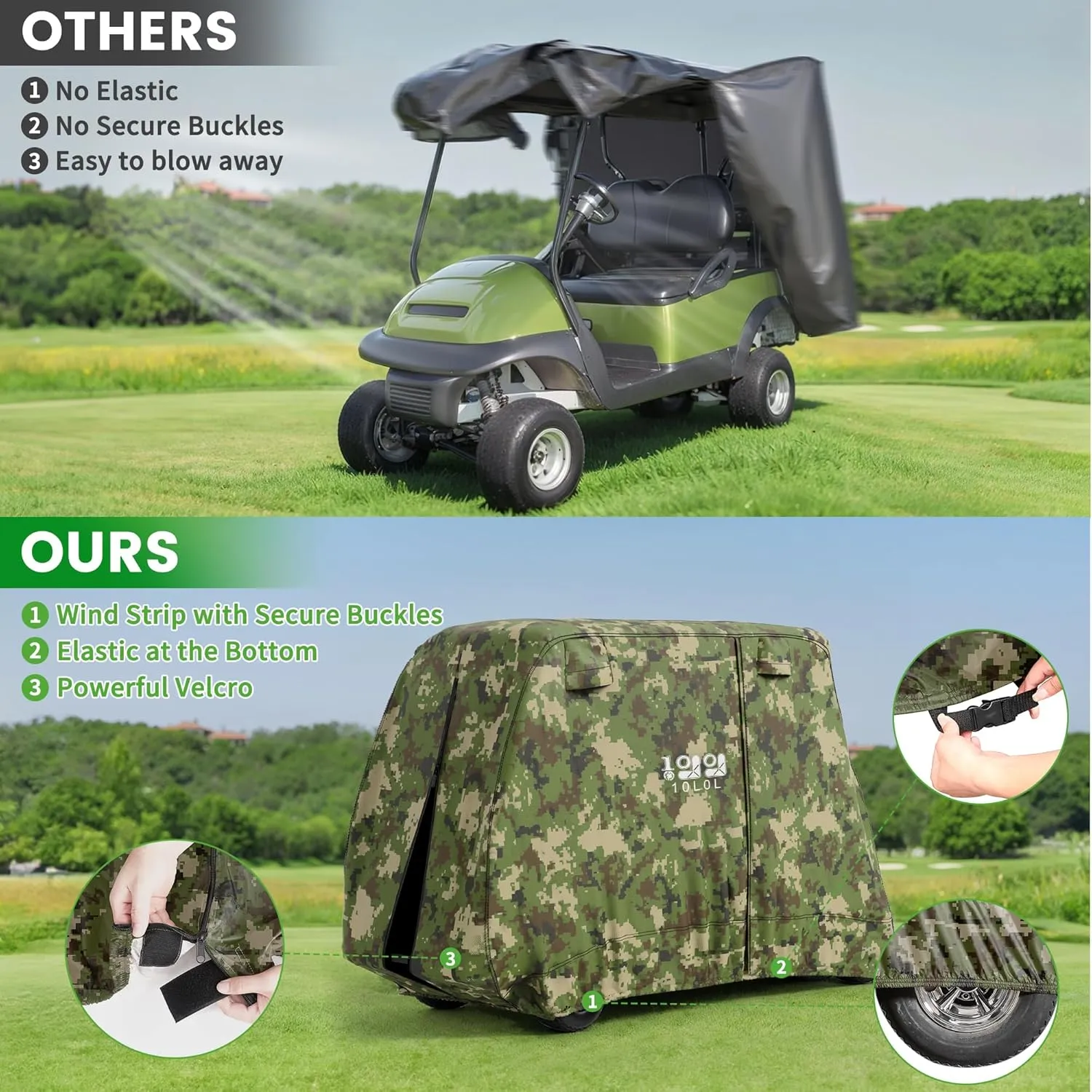 10L0L 2/4/4 2 Passenger Golf Cart Cover Fits for Yamaha EZGO Club Car, 420D Waterproof Durable Polyester Golf Cart Cover with Three Zipper Doors Windproof Sunproof - Black/Army Green/Sliver