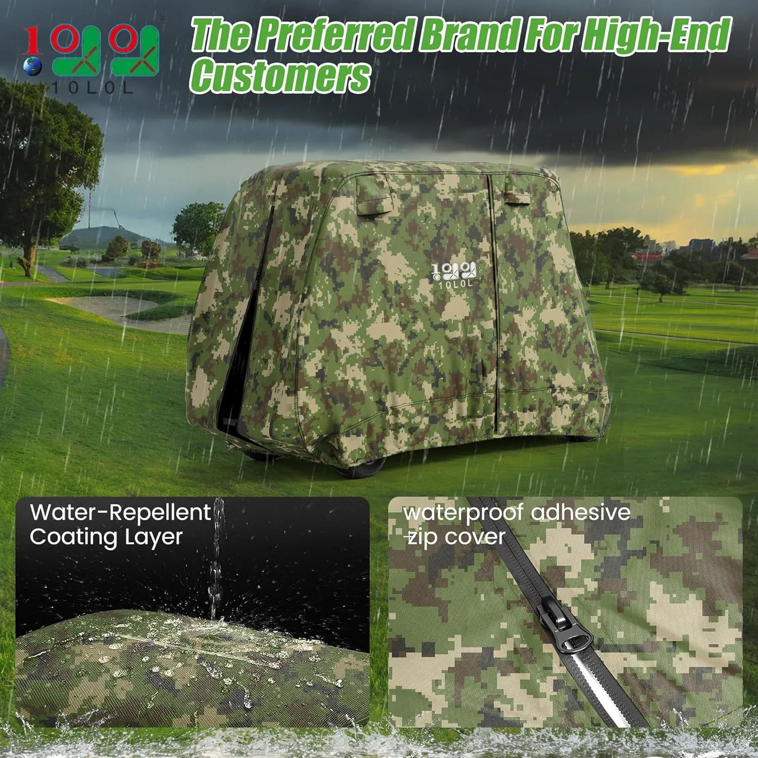 10L0L 2/4/4 2 Passenger Golf Cart Cover Fits for Yamaha EZGO Club Car, 420D Waterproof Durable Polyester Golf Cart Cover with Three Zipper Doors Windproof Sunproof - Black/Army Green/Sliver
