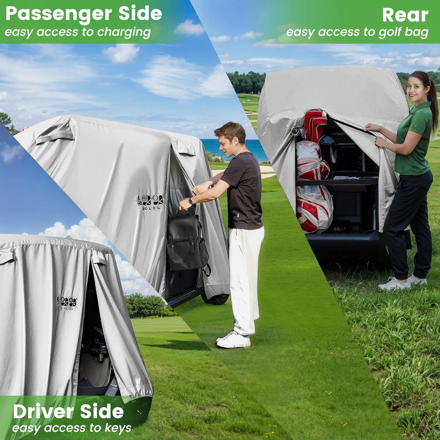 10L0L 2/4/4 2 Passenger Golf Cart Cover Fits for Yamaha EZGO Club Car, 420D Waterproof Durable Polyester Golf Cart Cover with Three Zipper Doors Windproof Sunproof - Black/Army Green/Sliver