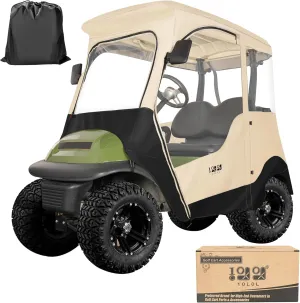 10L0L Golf Cart Driving Enclosure for 2 Passenger Club Car Precedent, Onward & Tempo, 600D Deluxe Heavy Duty Oxford Cloth Waterproof Windproof Golf Cart Rain Cover (Beige/Transparent)