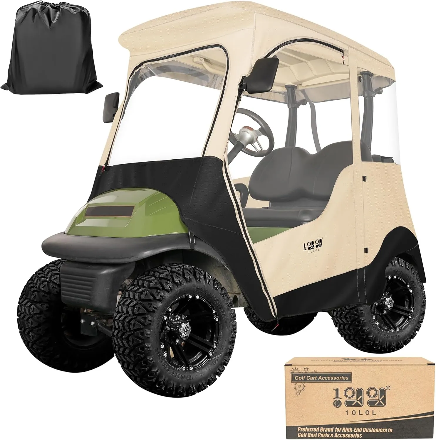 10L0L Golf Cart Driving Enclosure for 2 Passenger Club Car Precedent, Onward & Tempo, 600D Deluxe Heavy Duty Oxford Cloth Waterproof Windproof Golf Cart Rain Cover (Beige/Transparent)