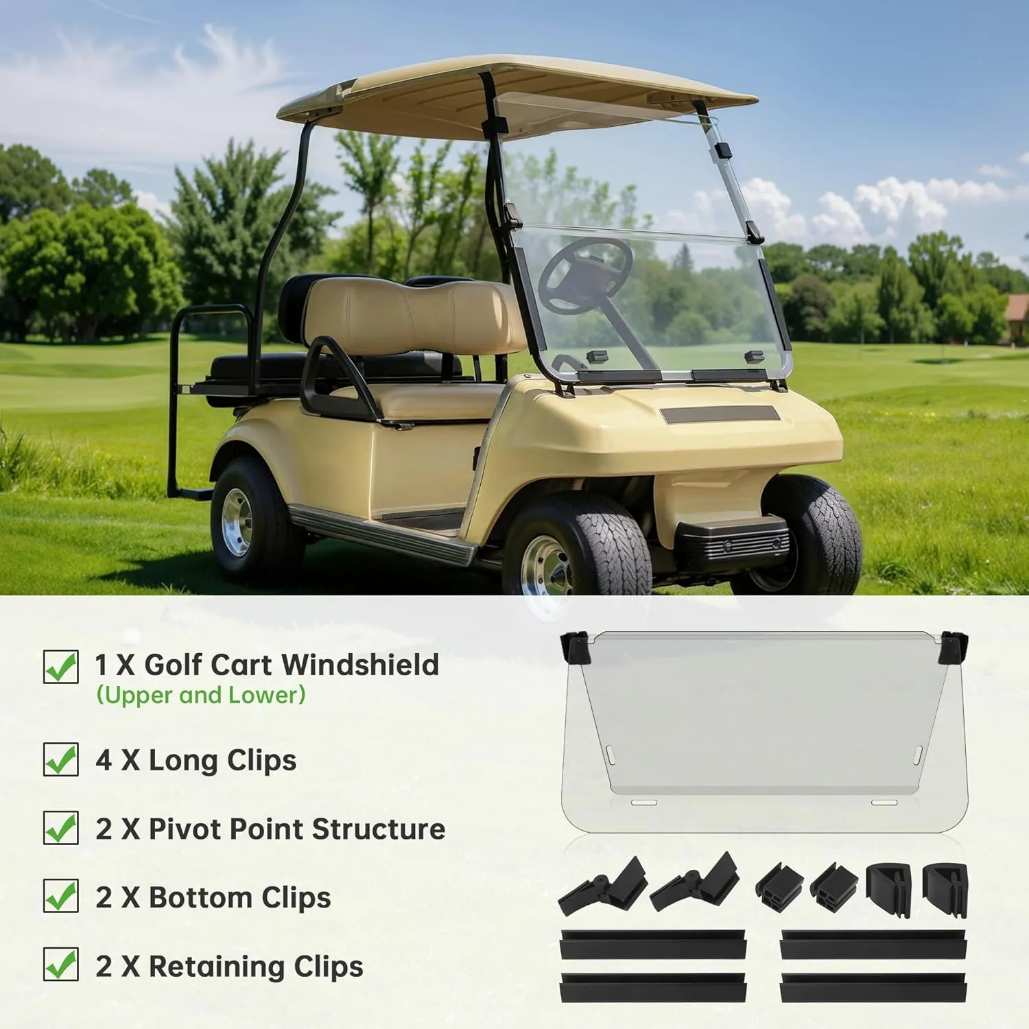 10L0L Golf Cart HD Windshield for Club Car DS 2000.05-UP,HD Shatterproof & Foldable Windproof Windshield (Integrated, Clean)