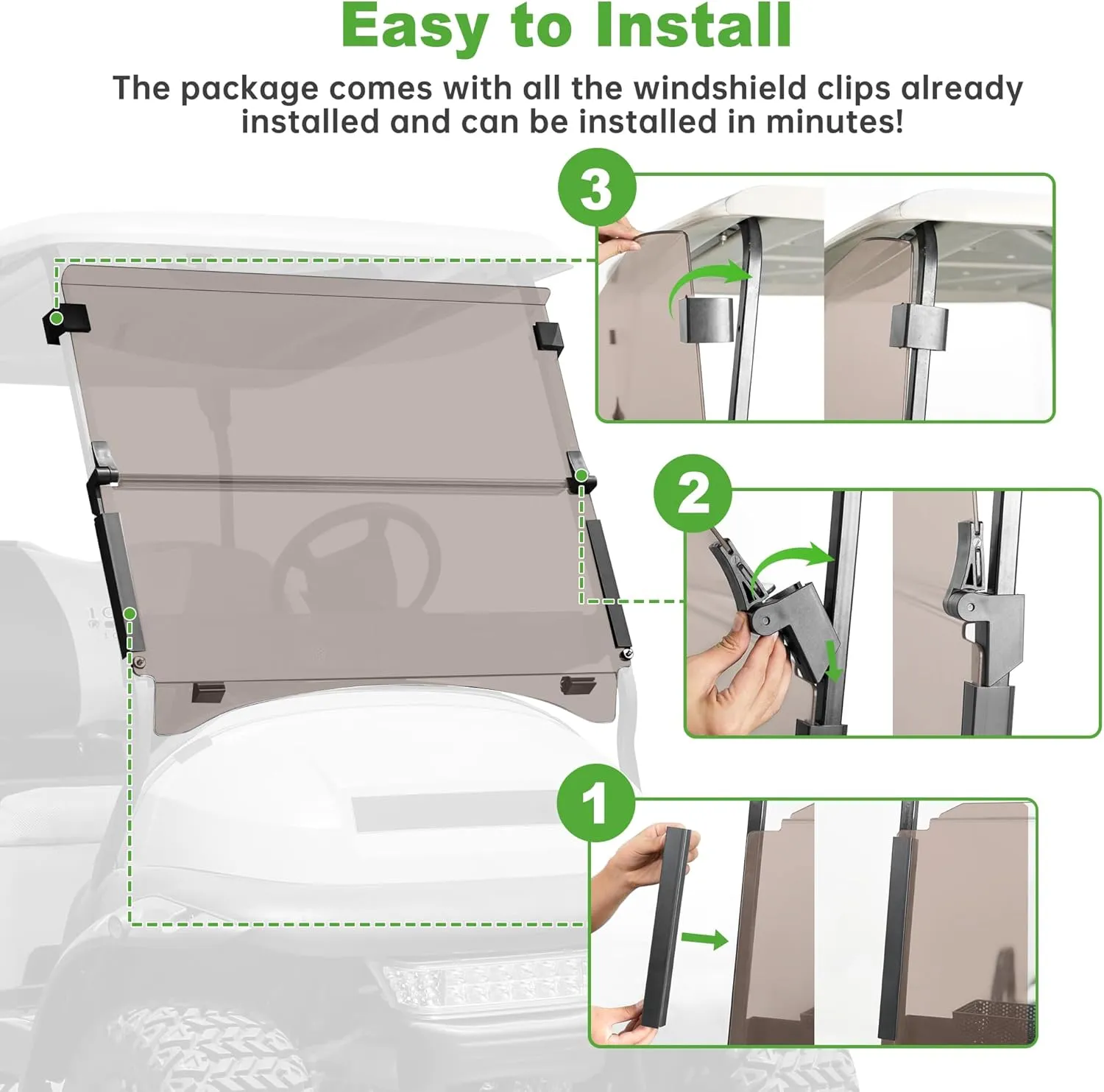 10L0L Golf Cart Windshield for Club Car Precedent 2004-Up, Tempo, 2017-Up Onward, Clear/Tinted Fold Down Club Car Windshield Anti-UV Impact Resistant - 37.5" W X 33.6" H