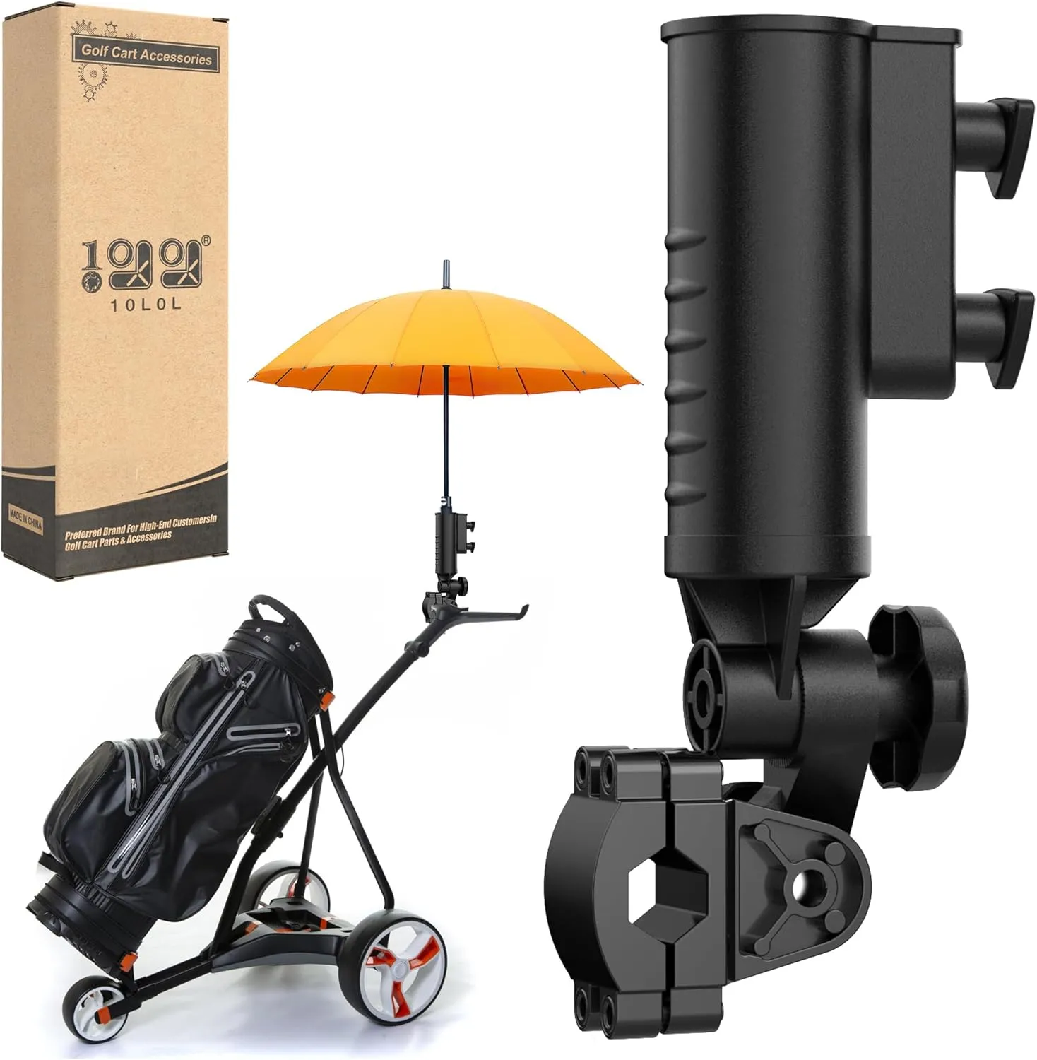 10L0L Heavy Duty Golf Push Cart Umbrella Holder - 180° Adjustable Aluminum Base for Golf Carts, Strollers, Wheelchairs & Bikes | Universal Mounting Design
