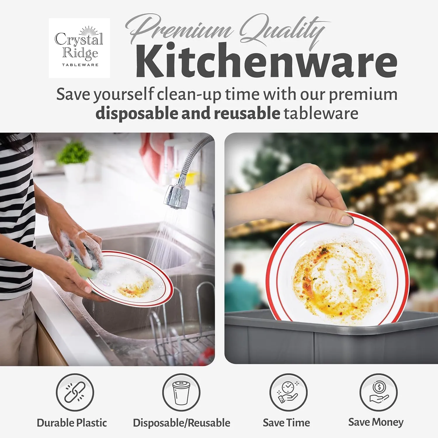 120-Piece Premium Salad Plates Set - Disposable White Plastic With Red Rim for Party and Wedding