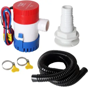 12v 1100GPH Boat Bilge Water Pump, 1-1/8 Inch Dia Bilge Pump Plumbing Kit, 6.5 FT Bilge Pump Hose, 2 Stainless Steel Clamps and Thru-Hull Fitting (Five-Piece)