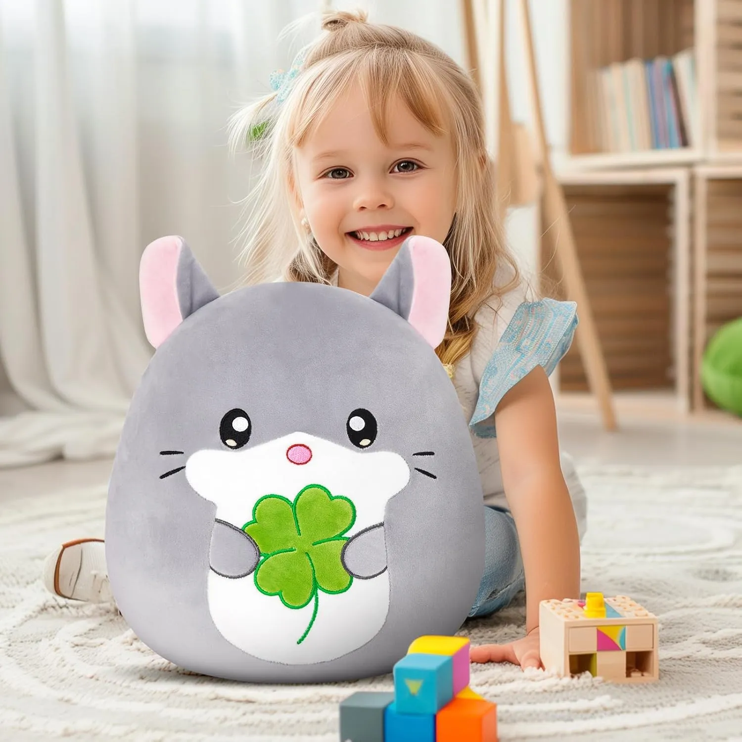 13-Inch Chinchilla Plush Pillow with Four-Leaf Clover, Ultrasoft Grey Chinchilla Stuffed Animal Toy Hugging Throw Toy Gifts for Bedding, Kids Sleeping Kawaii Pillow