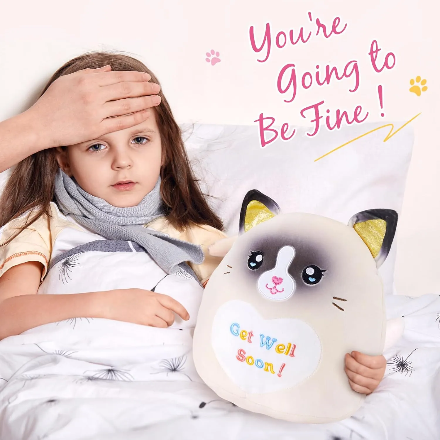 13.5" Get Well Soon Cat Plush Pillow Soft Cute Cat Stuffed Animal Get Well Soon Gift for Women Girls Kids Patient Feel Better Plush Toy
