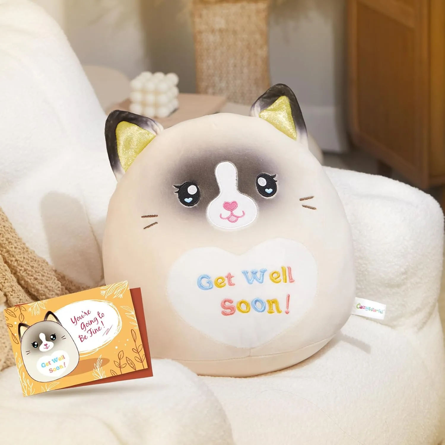 13.5" Get Well Soon Cat Plush Pillow Soft Cute Cat Stuffed Animal Get Well Soon Gift for Women Girls Kids Patient Feel Better Plush Toy