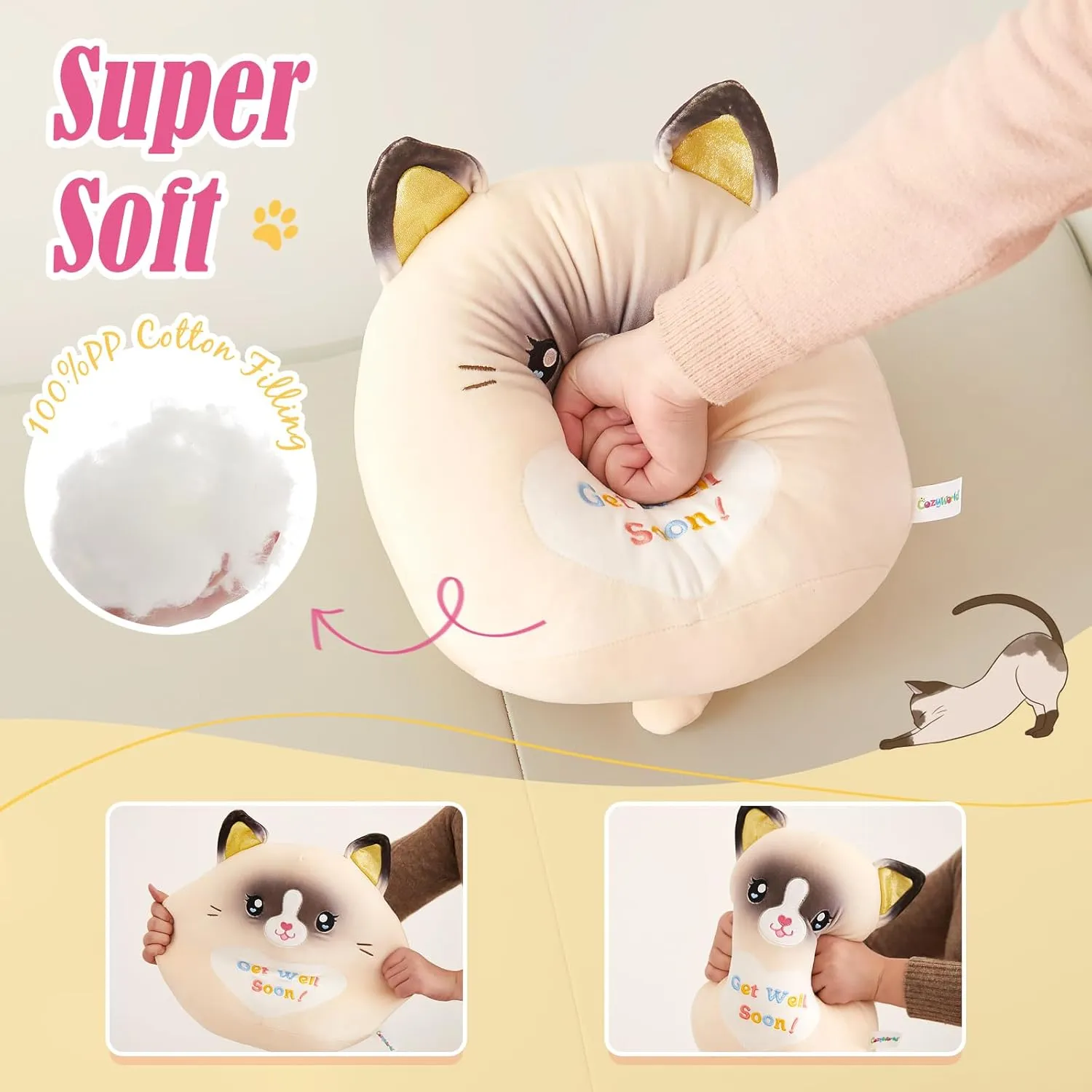 13.5" Get Well Soon Cat Plush Pillow Soft Cute Cat Stuffed Animal Get Well Soon Gift for Women Girls Kids Patient Feel Better Plush Toy