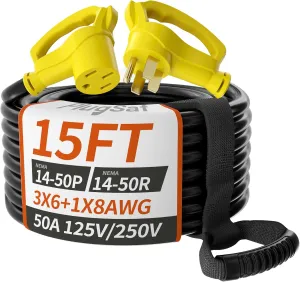 15 FT 50 Amp RV/EV Extension Cord Outdoor with Grip Handle, 4 Prong Flexible Heavy Duty 6/3 8/1 Gauge STW RV Power Cord Waterproof, NEMA 14-50P to 14-50R, Black-Yellow, ETL Listed