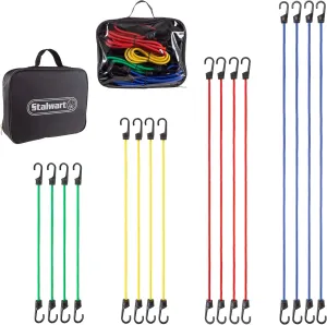 16 Piece Bungee Cord Set- Assortment of 4 Sizes- 18”, 24”, 32” 40” with Storage Bag-Tie Downs with Hooks for Trucks, Trailers, ATVs & More by Stalwart