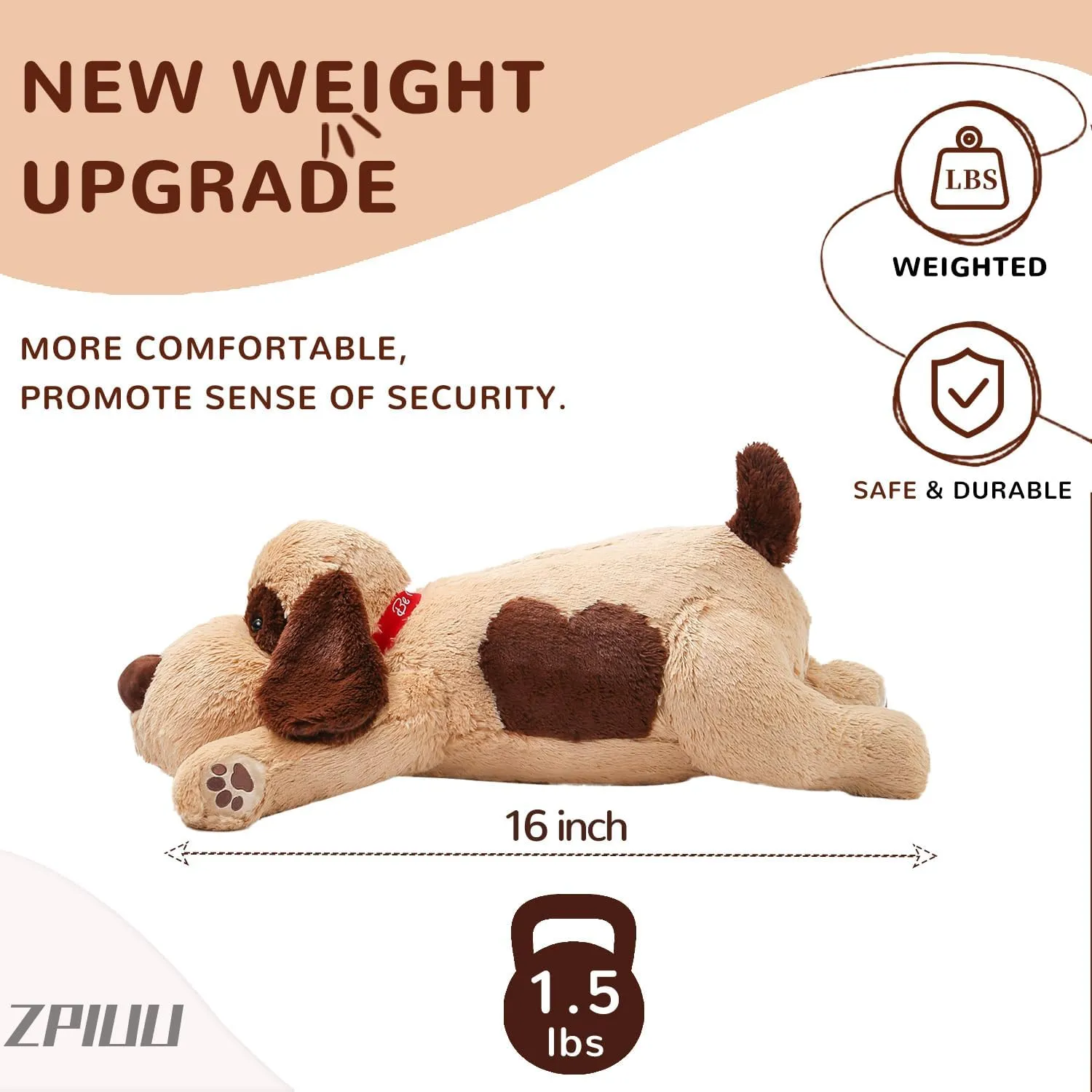 16" Weighted Dog Stuffed Animals – Small Brown Weighted Dog Pillow Toy for Kids & Adults, Soft and Huggable Puppy Plush Gift for Boys & Girls – 1.5 lbs Cute Stuffed Dog Toys