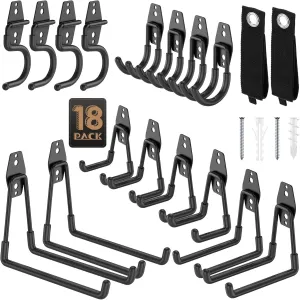 18 Pack Utility Steel Heavy Duty Wall Mount Garage Hooks,with Anti-Slip Coating,for Hanging Bikes,Ladder,Ropes,Bulk Items,Power,Yard and Garden Tools