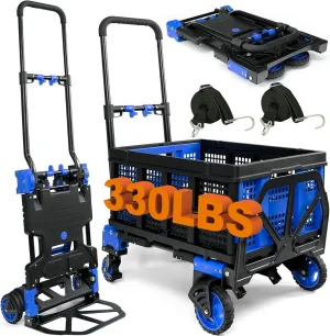 2-in-1 Folding Hand Truck with Folding Basket,Hand Truck with Retractable Handle, 330LBS Capacity Heavy Duty Hand Dolly, Dolly Cart with Wheels for Luggage/Moving/Travel