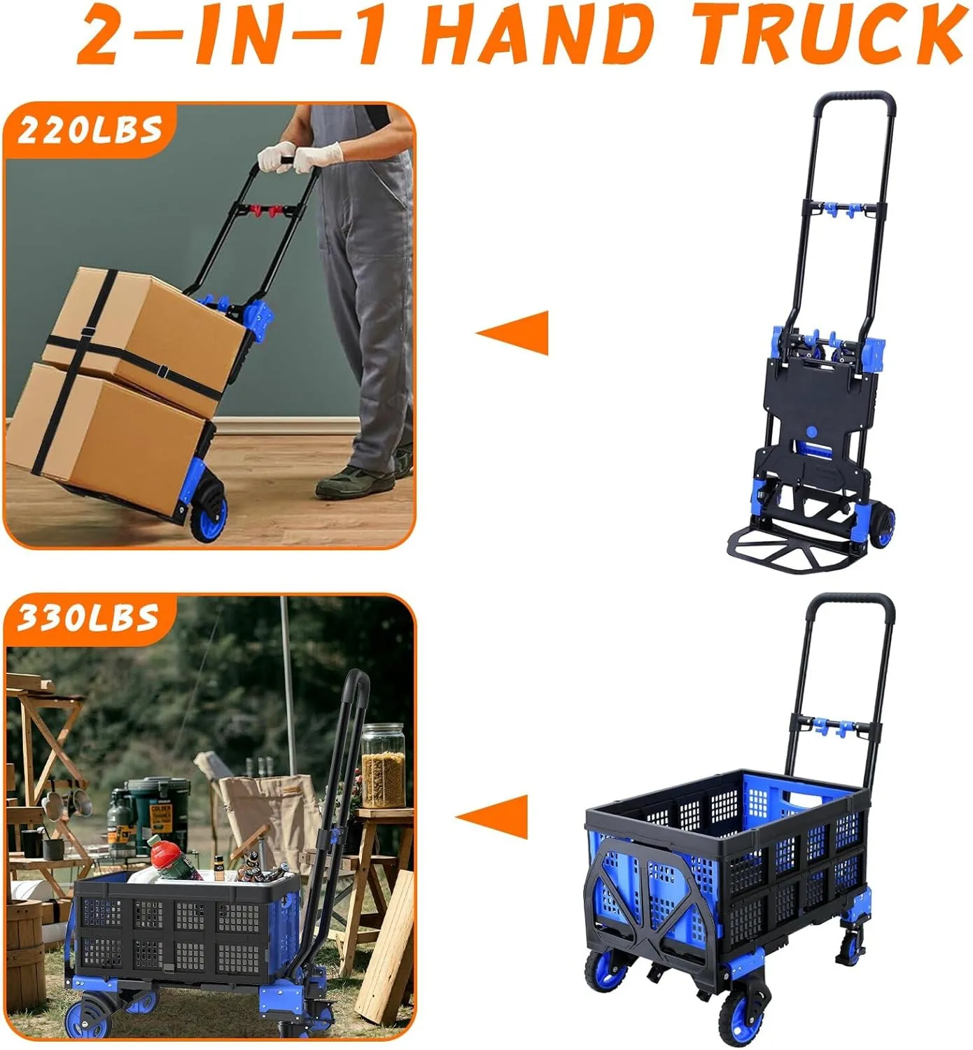2-in-1 Folding Hand Truck with Folding Basket,Hand Truck with Retractable Handle, 330LBS Capacity Heavy Duty Hand Dolly, Dolly Cart with Wheels for Luggage/Moving/Travel