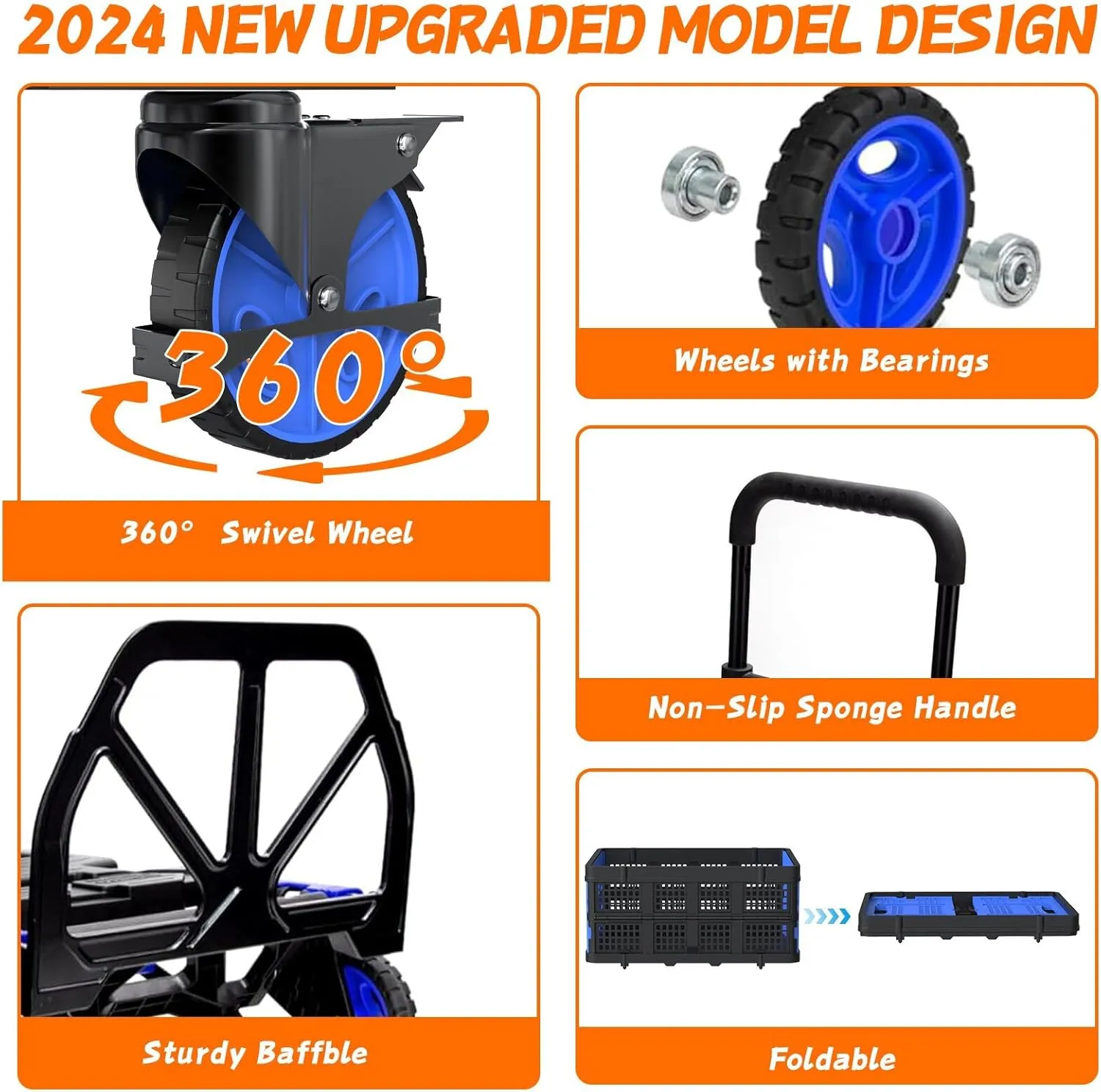 2-in-1 Folding Hand Truck with Folding Basket,Hand Truck with Retractable Handle, 330LBS Capacity Heavy Duty Hand Dolly, Dolly Cart with Wheels for Luggage/Moving/Travel
