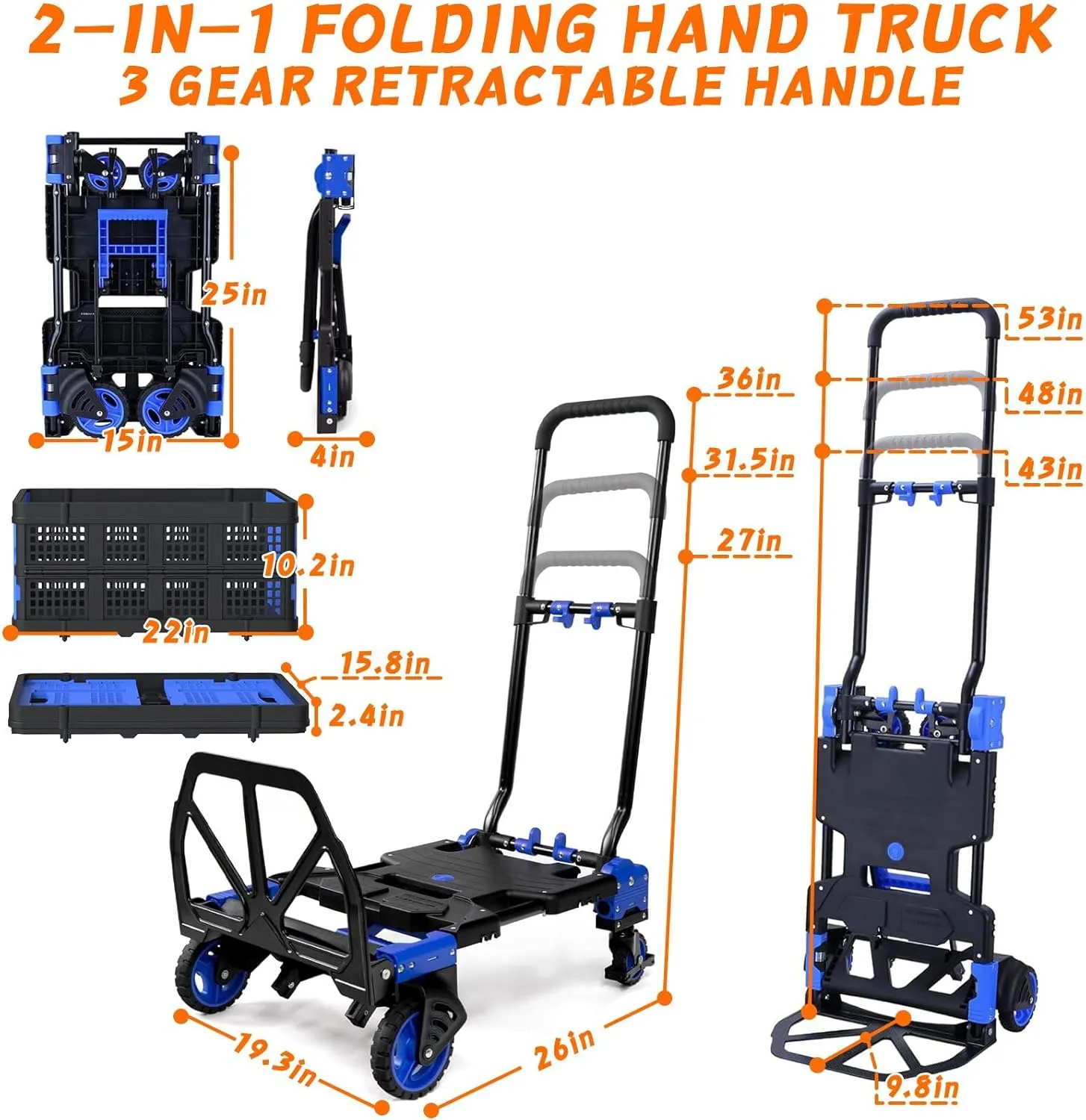 2-in-1 Folding Hand Truck with Folding Basket,Hand Truck with Retractable Handle, 330LBS Capacity Heavy Duty Hand Dolly, Dolly Cart with Wheels for Luggage/Moving/Travel