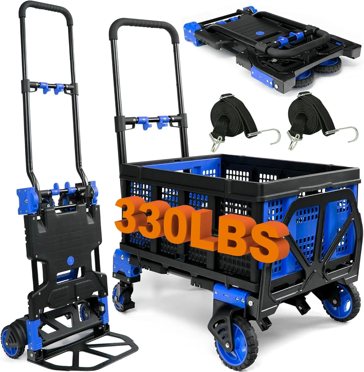 2-in-1 Folding Hand Truck with Folding Basket,Hand Truck with Retractable Handle, 330LBS Capacity Heavy Duty Hand Dolly, Dolly Cart with Wheels for Luggage/Moving/Travel