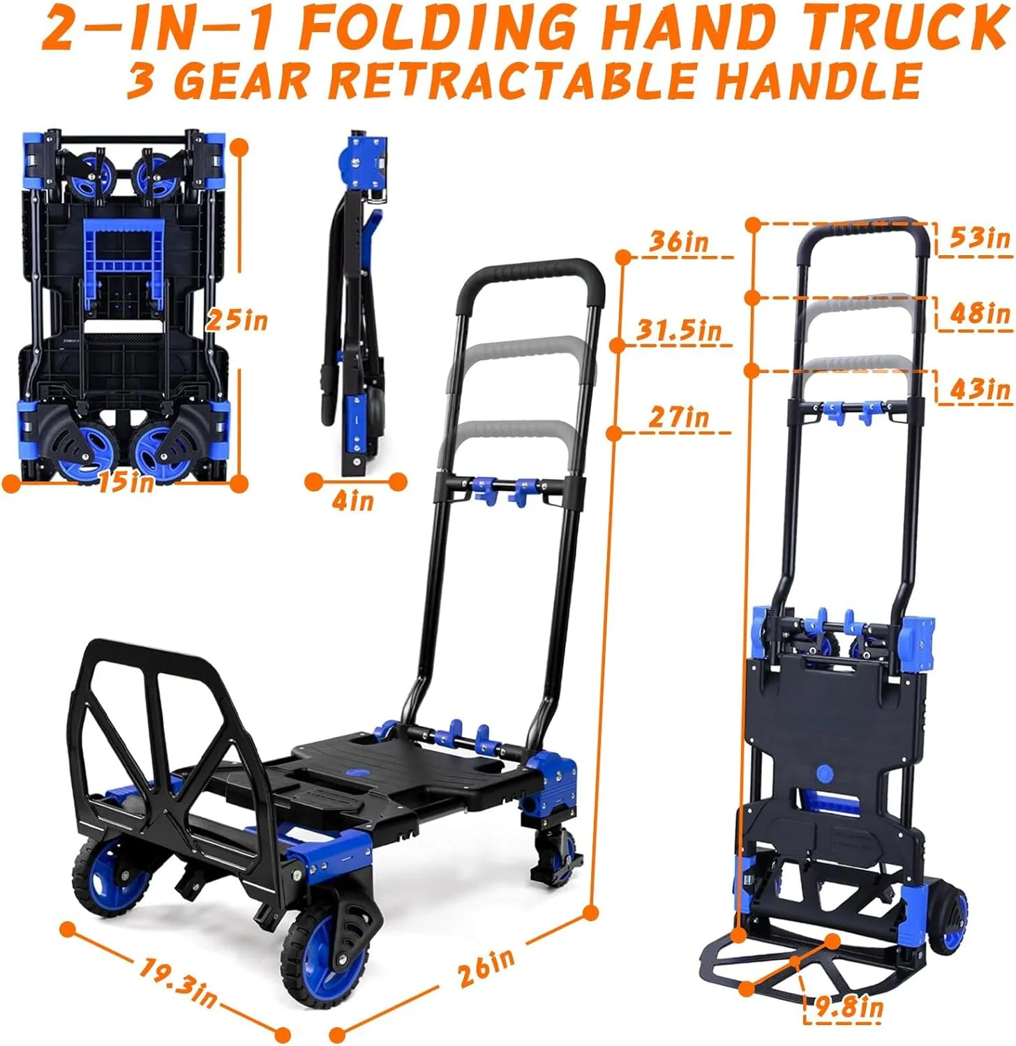 2-in-1 Folding Hand Truck with Retractable Handle, 330LBS Capacity Heavy Duty Hand Dolly, Collapsible Dolly Cart with Wheels for Luggage/Moving/Travel