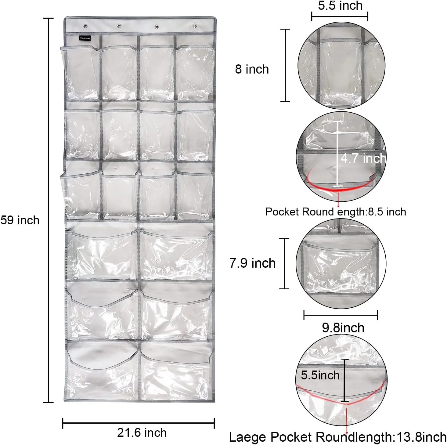 2 Pack Extra Large Hanging Crystal Clear Over Door Shoe Organizers, Closet Shoe Rack Organizer, 12 6 Pockets, 8 Hooks, Grey (59" x 21.6")