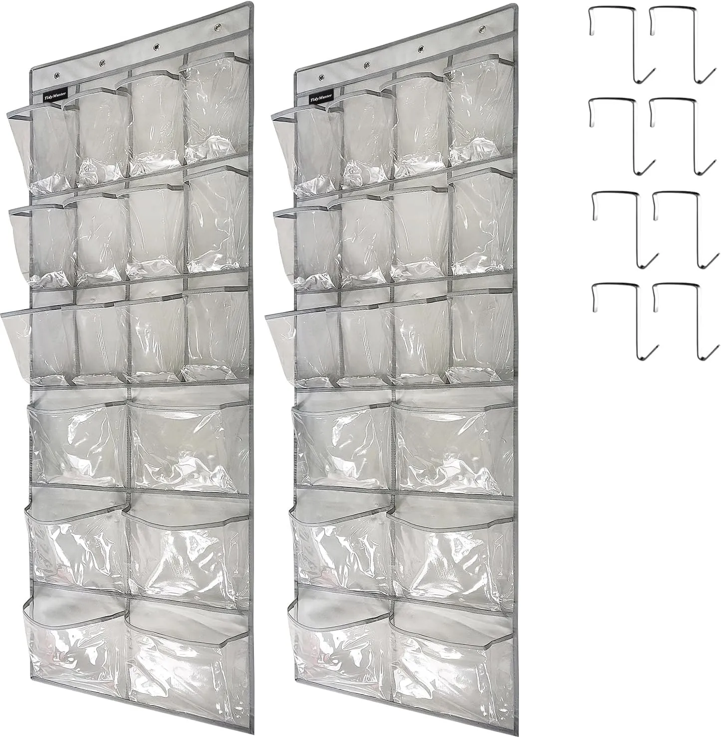 2 Pack Extra Large Hanging Crystal Clear Over Door Shoe Organizers, Closet Shoe Rack Organizer, 12 6 Pockets, 8 Hooks, Grey (59" x 21.6")