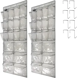 2 Pack Extra Large Hanging Crystal Clear Over Door Shoe Organizers, Closet Shoe Rack Organizer, 12 6 Pockets, 8 Hooks, Grey (59" x 21.6")
