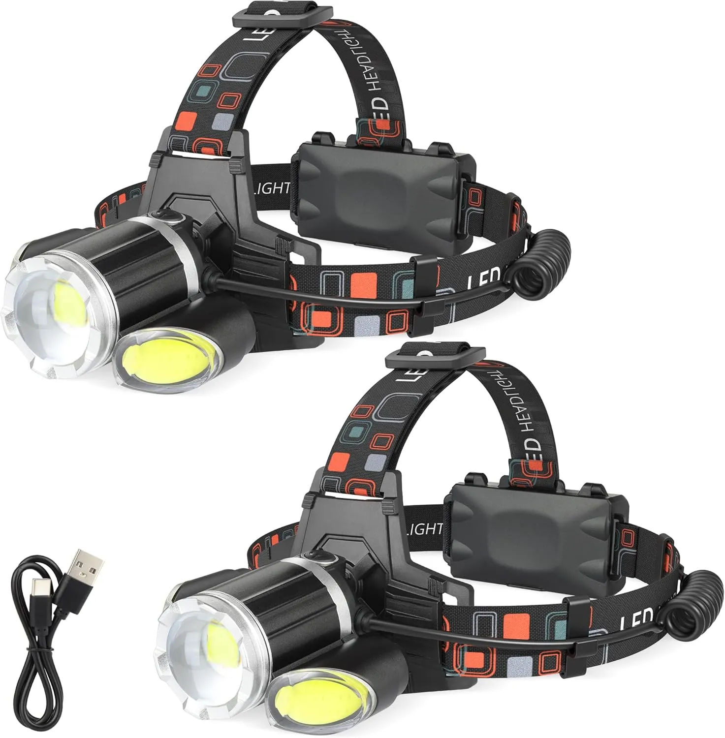 2 Pack Headlamp Rechargeable, 1500 High Lumen Head Lamp, Super Bright LED Head Light Camping Accessories with Red Light, 4 Modes USB Recharge Flashlight, Waterproof Headlight Camping Gear
