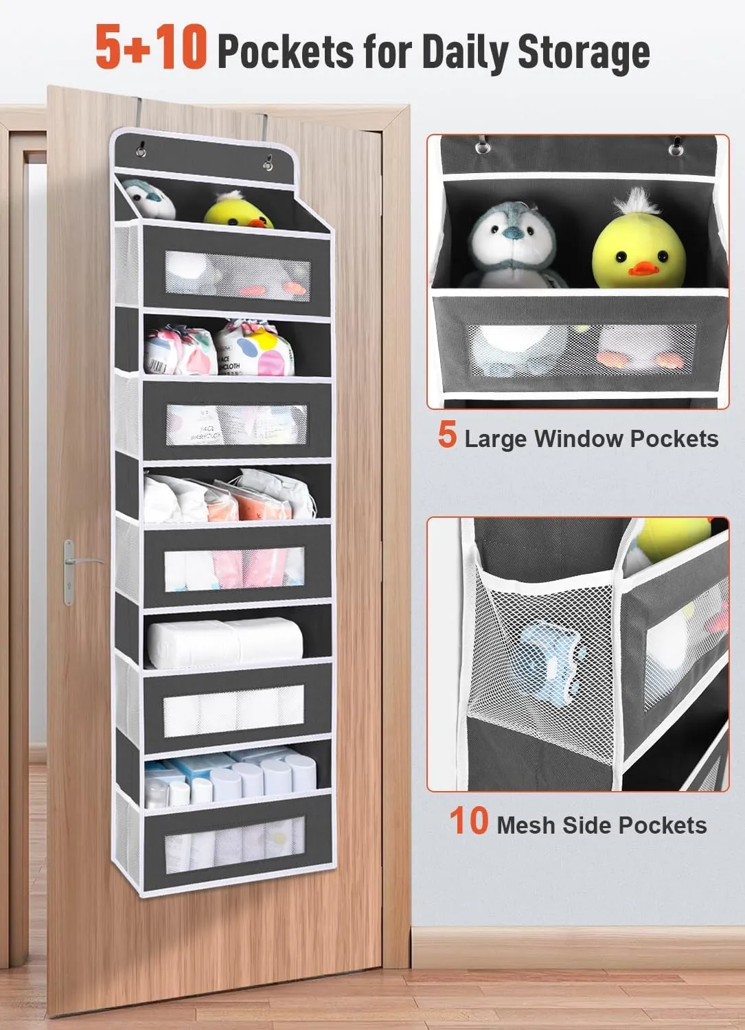 2 Pack Over The Door Organizer Storage, 5 Shelf Hanging Door with 5 Large Capacity Pockets, Anti Tilt 48 lb Load Behind Door Organizer for Bedroom, Bathroom, Pantry, Nursery