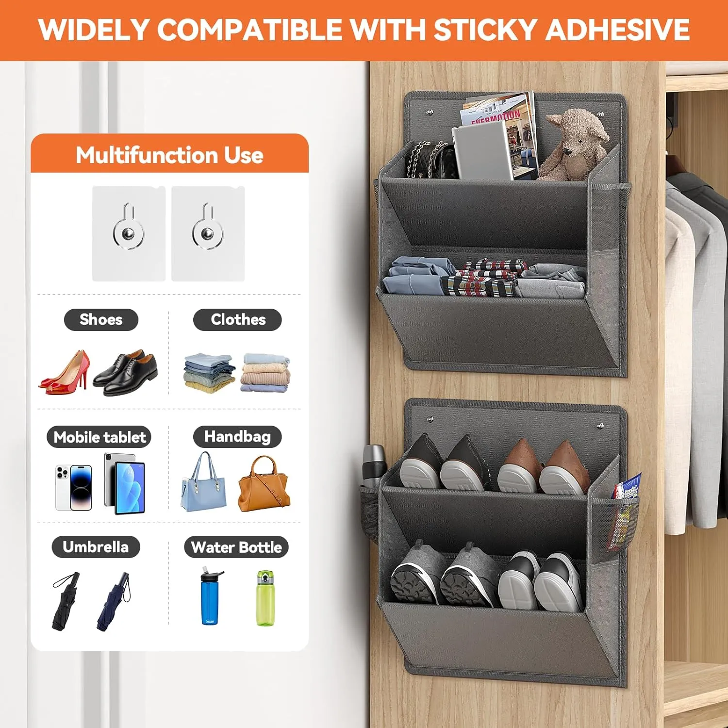 2 Pack RV Shoe Storage with Sticky Adhesive Tape, Over the Door Shoe Rack, Wall Hanging Shoe Organizer with Large Deep Pockets for Camper, Narrow Space Saving Closet Organizers - Grey