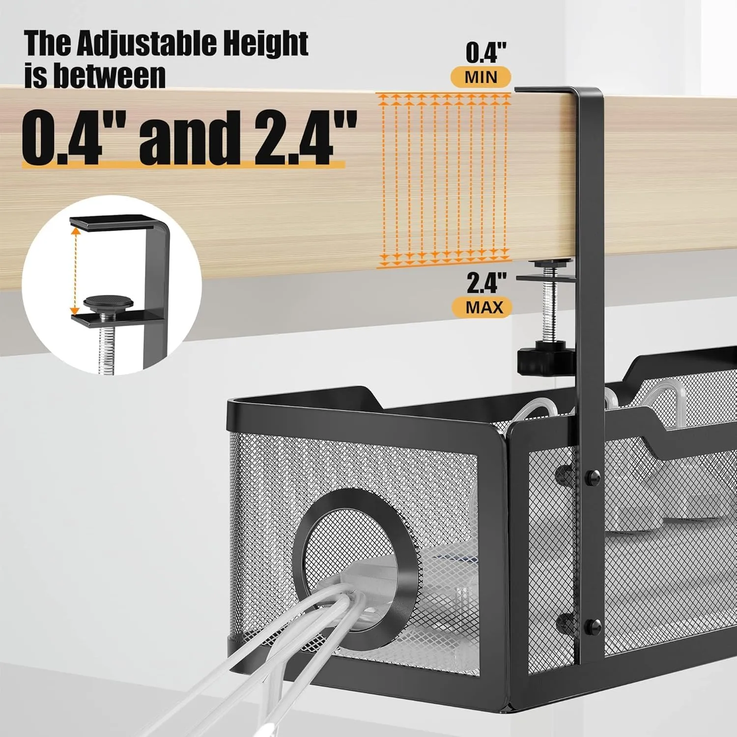 2 Pack Under Desk Cable Management Box Black, Cinati Wire Organizers No Drill, Cord Organization Tray with Clamp for Office, Home - No Damage to Desk