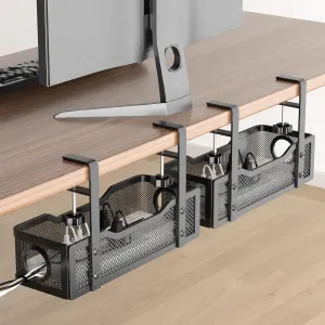2 Pack Under Desk Cable Management Box Black, Cinati Wire Organizers No Drill, Cord Organization Tray with Clamp for Office, Home - No Damage to Desk