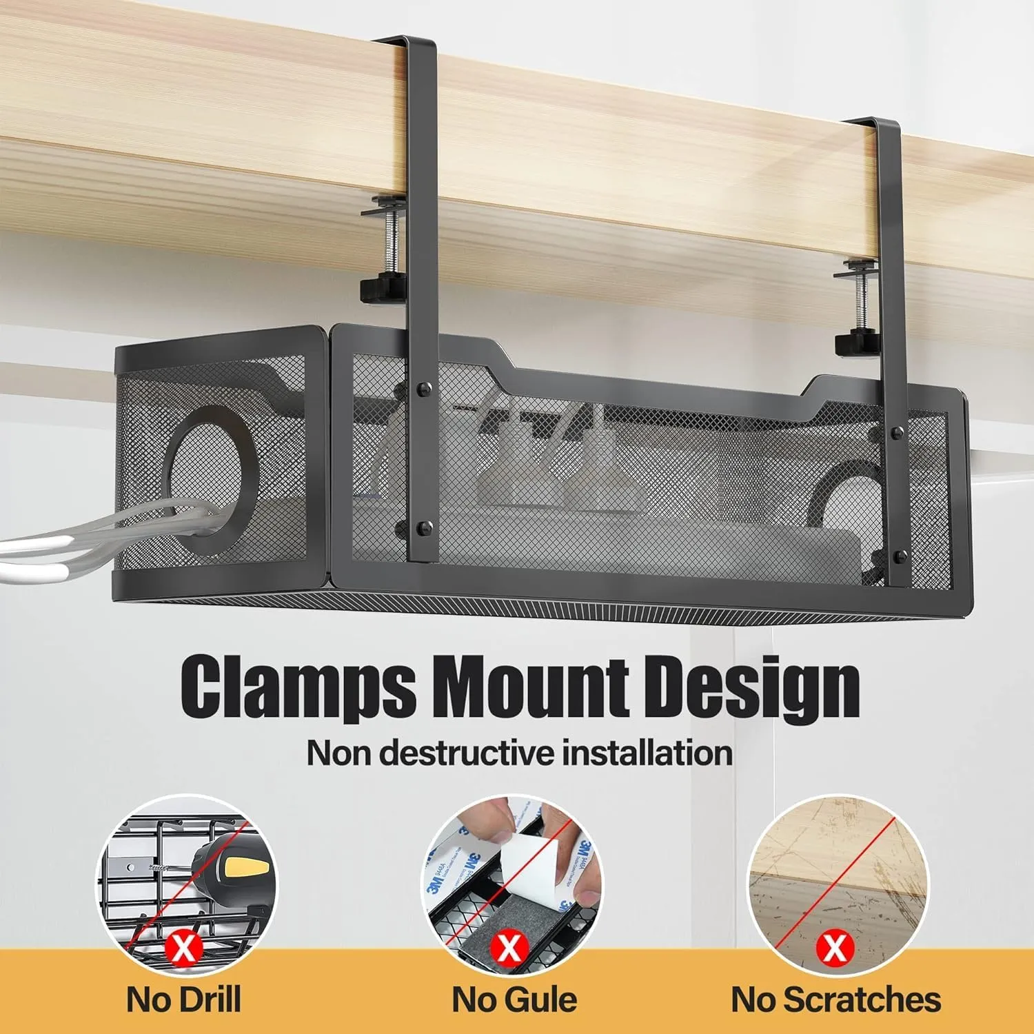 2 Pack Under Desk Cable Management Box Black, Cinati Wire Organizers No Drill, Cord Organization Tray with Clamp for Office, Home - No Damage to Desk