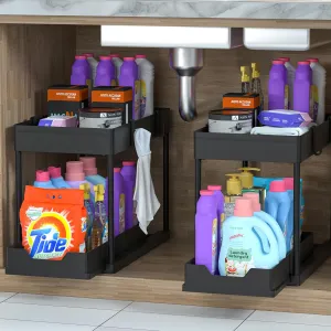 2 Pack Under Sink Organizer, 2 Tier Bathroom Cabinet Organizer with Sliding Basket, Multi-Purpose Under Sink Organizers and Storage for Bathroom Kitchen