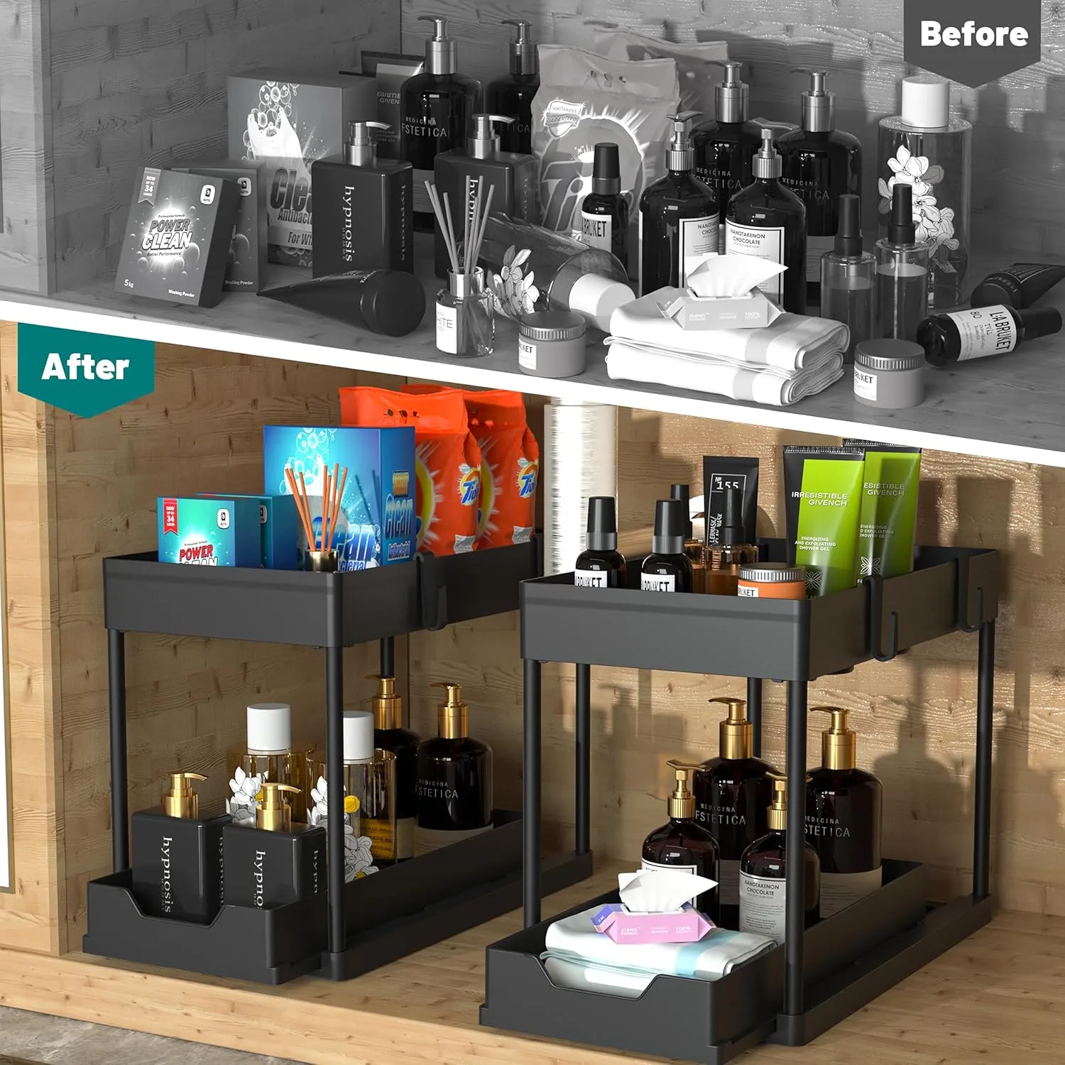 2 Pack Under Sink Organizer, 2 Tier Bathroom Cabinet Organizer with Sliding Basket, Multi-Purpose Under Sink Organizers and Storage for Bathroom Kitchen