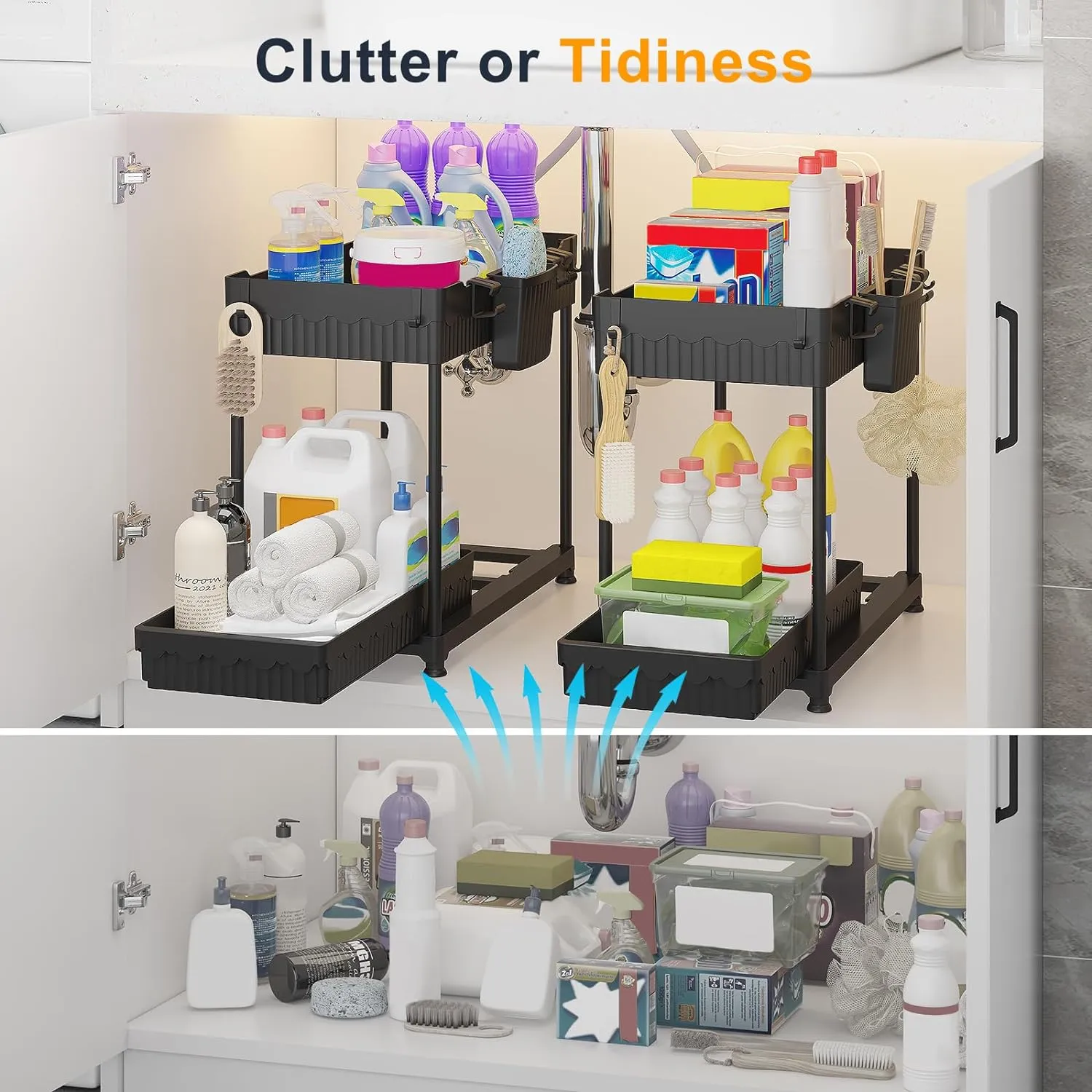 2 Pack Under Sink Organizers and Storage, 2 Tier Sliding Bathroom Organizer,Multi-Use Under Kitchen Cabinet Storage Shelf (Black 2Pack)