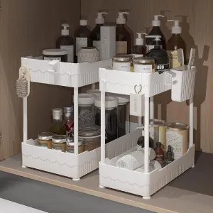 2 Pack Under Sink Organizers and Storage,Under Bathroom Cabinet Organizer with Hooks Hanging Cup,Multi-Purpose Storage Shelf for Kitchen Bathroom,(White)