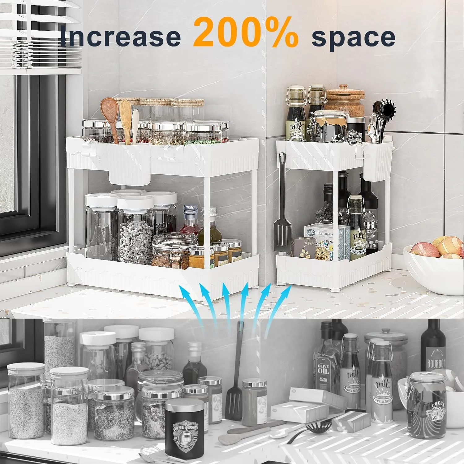 2 Pack Under Sink Organizers and Storage,Under Bathroom Cabinet Organizer with Hooks Hanging Cup,Multi-Purpose Storage Shelf for Kitchen Bathroom,(White)
