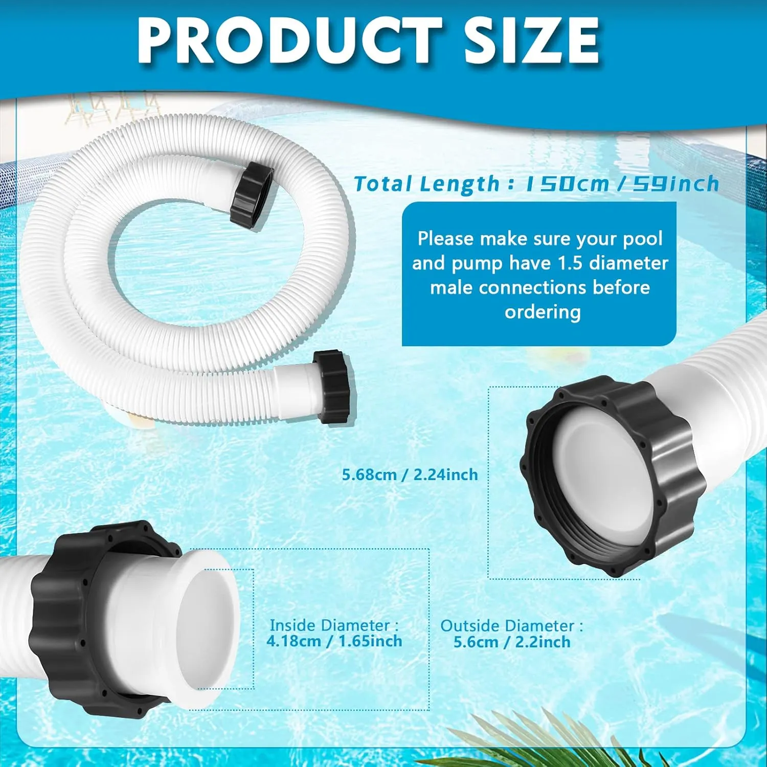 2 Pcs Pool Hoses for Above Ground Pools 1 1/2 Inch Diameter 59" Long Pool Pump Hose Replacement Filter Pump Hose Accessories